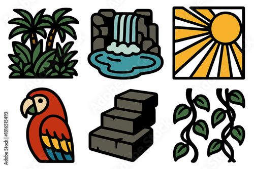 Brutalist Tropical Icons. Tropical Waterfall silhouette icon set. jungle plants, clear pool, parrot, sunlight rays, stone steps, vines.