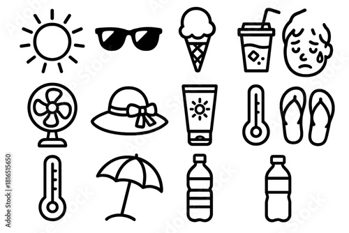 Summer Essentials Icons. Summer Heat linear icon set: blazing sun, sunglasses, ice cream cone, cold drink, fan, sun hat, sunscreen tube, sweating face, thermometer, beach umbrella