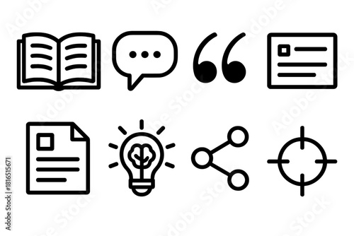 Scholarly Communication Icons. Scholarly Communication Essentials linear icon set: open book, speech bubble, citation mark, note card, research paper, idea spark, connection line