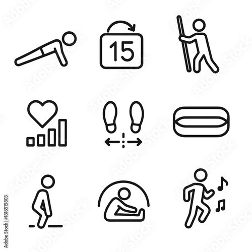 Dynamic Fitness Icons. Dynamic Fitness Practices linear icon set: bodyweight icon, adaptive rep counter, mobility stick, mini band loop, heart rate bar, stance guide, flexibility