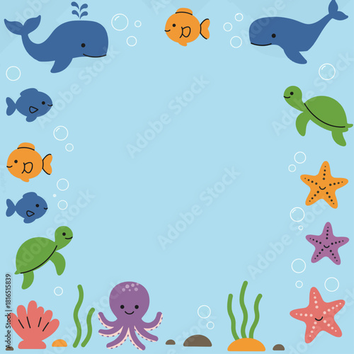 Cartoon illustration of sea life with whales, fish, turtles, and starfish.