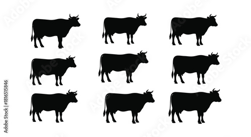 A collection of black silhouettes depicting several cows in varying poses