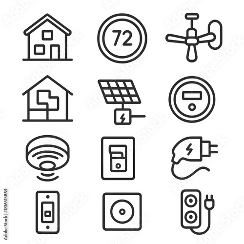 Residential Electrical Icons. Residential Electrical Services linear icon set. home exterior, smart thermostat, ceiling fan, wall light fixture, home wiring, solar panel connection