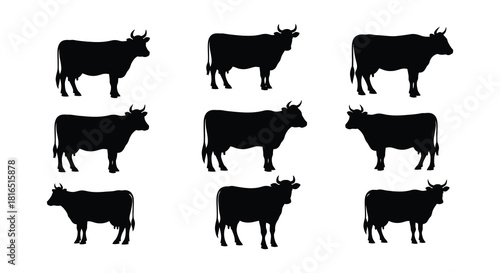 A collection of black silhouettes depicting several cows in varying poses