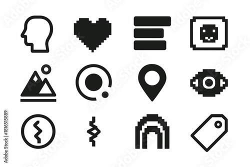 Pixel Art Identity Icons. Character & Selfhood Set pixel style icon set: personality outline, value glyph, core identity bar, self-expression tile, internal landscape symbol