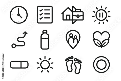 Icons of Balanced Living. Coordinated Living Collection linear icon set: routine clock, task list, home–work divider, mindful pause icon, activity path, hydration bottle, family