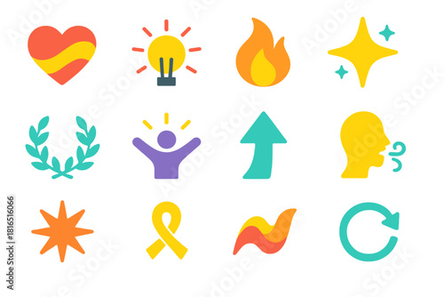 Emotional Victory Icons. Emotional Victory flat icon set: healed heart, breakthrough light, inner-strength flame, clarity star, resilience wreath, confidence glow, uplifting arrow