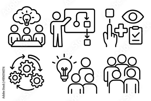 Innovation Icons Set. Workplace innovation actions linear icon set: brainstorming session, idea pitch, solution mapping, rapid testing, improvement cycle, concept iteration, team
