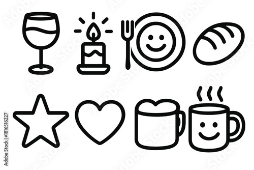 Outline Dinner Icons. Joyful meal linear icon set : table setting, glass of wine, glowing candle, plate, bread loaf, star, heart, warm mug