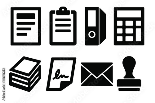 Brutalist Business Icons. Business Documents Collection silhouette icon set: report, clipboard, binder, calculator, paper stack, signature, envelope, stamp