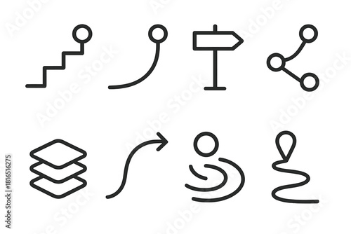 Guide Path Icons. Progress Pathways linear icon set: rising route, gentle turn, direction bar, path node, layered trail, guiding arc, forward ripple, journey marker