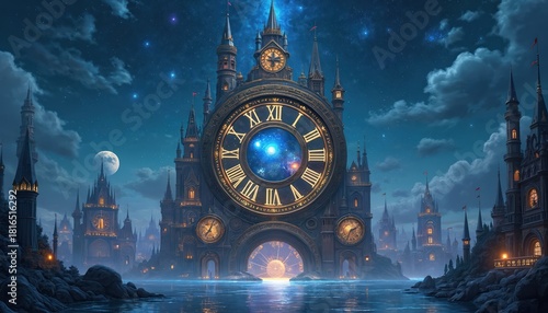 Fantasy clockwork city on water under starry night sky. Towers feature large clock faces. Time concept shows cosmic view through main clock. Moon rises behind fairy tale city. Reflection on water