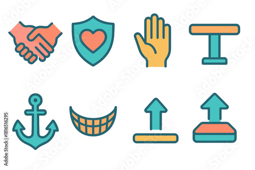 Support Icons Set. Support Icons Set flat icon set: helping hands, heart shield, open palm, support beam, anchor, safety net, guiding arrow, stable platform