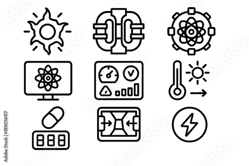 Fusion Power Icons. Clean Energy Innovation linear icon set: glowing plasma, magnetic confinement system, control station, fusion generator, atomic symbol, smart dashboard, thermal
