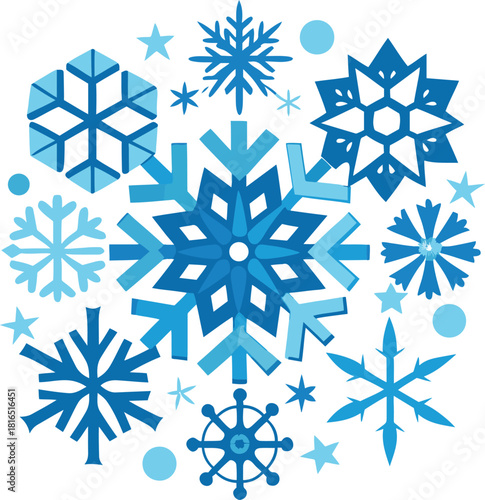 Hand-drawn Snowflakes Various Shapes on White Background