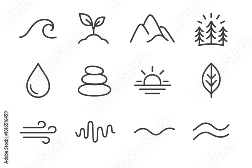 Nature Symbol Icons. Nature-Based Harmony Collection linear icon set: peaceful wave, earth sprout, mountain arc, forest glow, serene droplet, grounding stone, horizon line