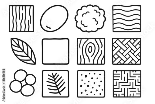 Nature Texture Icons. Natural Texture Elements linear icon set: bark grain tile, smooth river-stone slice, moss cushion patch, sand ripple pattern, leaf vein strip, clay matte