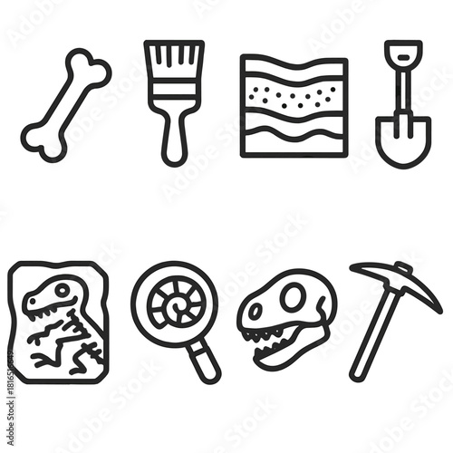 Dinosaur Fossil Icons. Fossil Discovery linear icon set. dinosaur bone, excavation brush, rock layer, shovel, fossil imprint, magnifying glass, skull, pickaxe