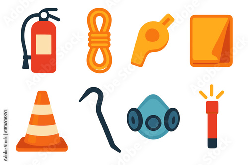 Emergency Tools Icons. Emergency Response Readiness Tools flat icon set: fire extinguisher, rescue rope, whistle, emergency blanket, barrier cone, crowbar, mask, signal flare