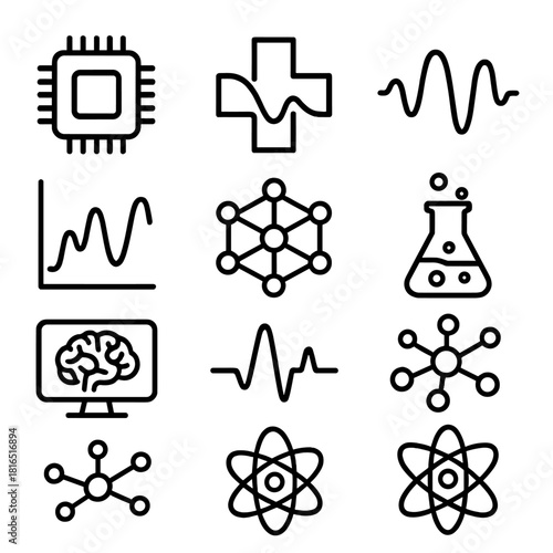Quantum Medical Icons. Medical Quantum Technology linear icon set: microchip, medical cross, quantum wave, data pulse, health chart, neural net, beaker, molecule web, computer