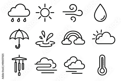 Spring Weather Icons. Spring Weather Elements linear icon set: soft raincloud, sunbeam, warm breeze swirl, dew droplet, light umbrella, puddle splash, rainbow arc, cloud break