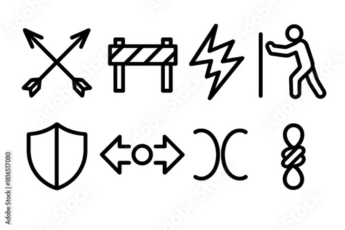 Opposition Icons Set. Opposition Icons Set linear icon set: crossed arrows, barrier wall, lightning clash, pushback line, shield block, conflict symbol, opposing curves, tension