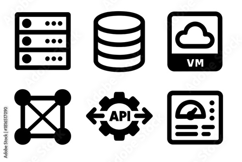 Brutalist Cloud Icons. Cloud Infrastructure silhouette icon set. server rack, database icon, virtual machine, network connection, API integration, control dashboard.