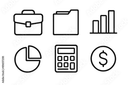 Portfolio Icon Set. Portfolio Basics linear icon set. briefcase, document folder, bar chart, pie chart, calculator, dollar coin