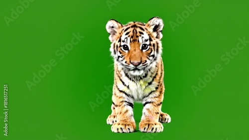 Adorable Tiger Cub Posing on Green Screen Background.