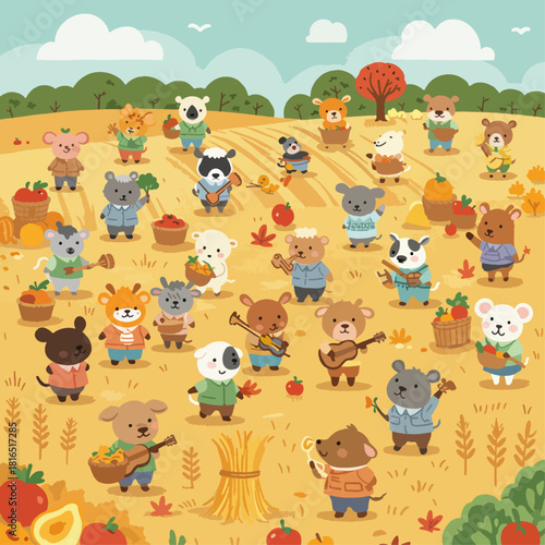 A charming illustration of numerous cartoon animals celebrating autumn harvest in a vibrant field with pumpkins, apples, and musical instruments.