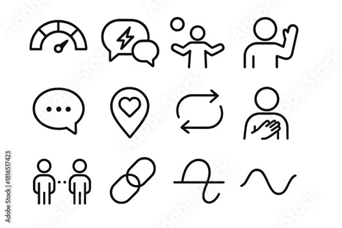 Social Skills Outline Icons. Adaptive Social Skills Icons linear icon set: tone gauge, dialogue spark, open posture silhouette, friendly wave, clarity bubble, trust marker