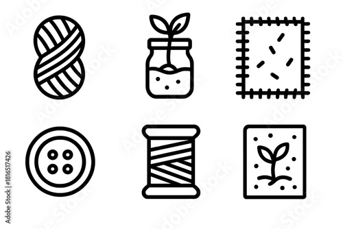 Eco-Friendly Craft Icons. Sustainable Craft Materials linear icon set: wool skein, plant-based resin, upcycled fabric patch, wooden button, eco thread spool, seed paper card