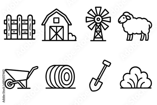 Rural Icons Outline. Rural Landscape linear icon set: fence, barn, windmill, sheep, wheelbarrow, hay bale, shovel, bush