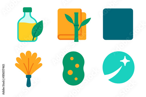 Eco-friendly Cleaning Icons. Natural Surface Care flat icon set: natural oil bottle, bamboo cloth, slate tile, dusting feather, eco scrub pad, clean finish line