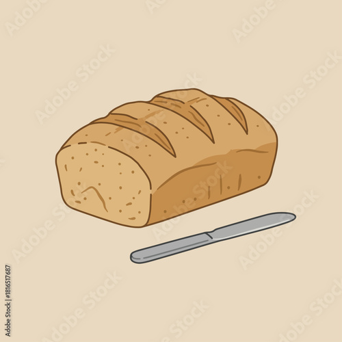 A loaf of bread with a knife, ready to be sliced and enjoyed.