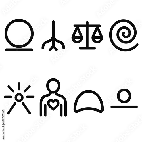 Emotional Balance Icons. Emotional grounding symbols linear icon set: stability ring, rooted line, balance scale, calm swirl, clarity beam, inner-strength icon, peaceful arc