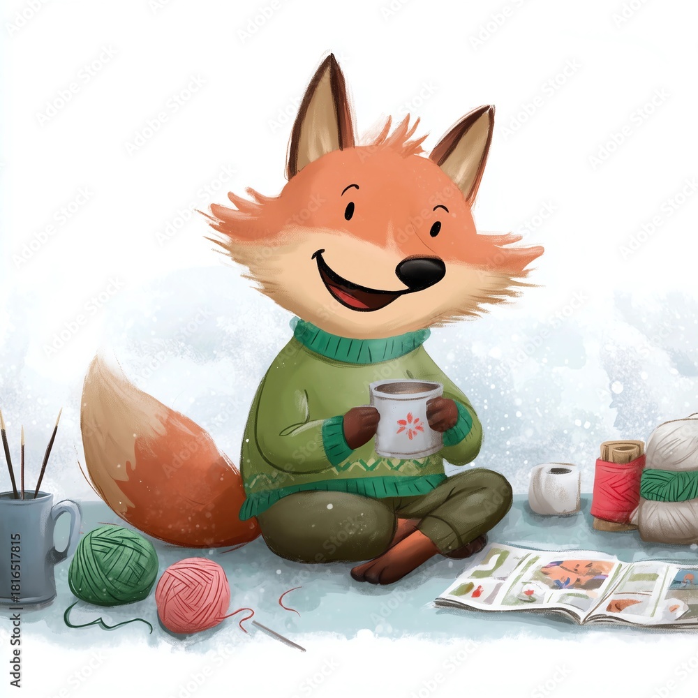 Naklejka premium fox knitting a sweater with wool , winter humorous illustration, clipart