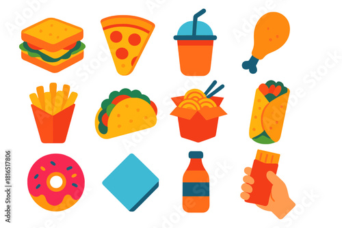 Colorful Urban Snacks. Urban bites flat icon set: sandwich, pizza slice, smoothie, fried chicken, fries cone, taco shell, noodle box, kebab wrap, donut, napkin, bottle, hand