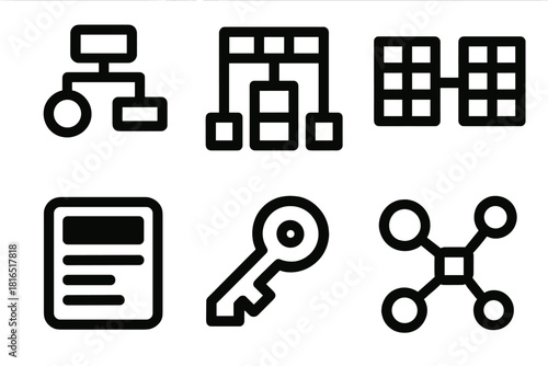 Brutalist Data Icons. Data Modeling silhouette icon set: entity relationship diagram, schema structure, table connection, attribute field, primary key, data map