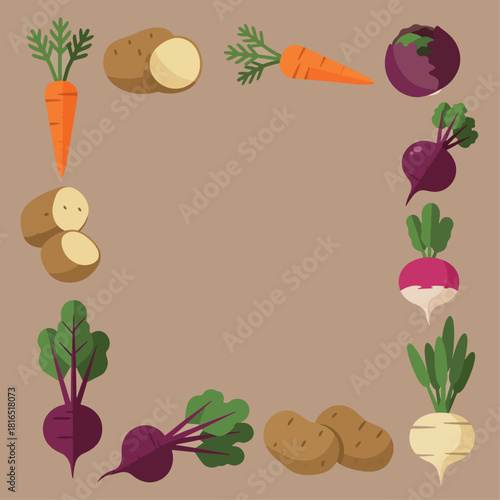 A collection of colorful root vegetables like carrots, potatoes, beets, radishes, and turnips forming a decorative border on a plain background.