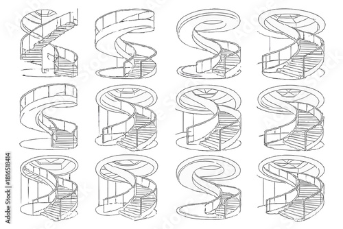 Minimalist Spiral Staircase. Modern Spiral Architecture linear icon set: floating stairs, glass balustrade, LED strip light, steel coil design, minimalist spiral, open core, curved