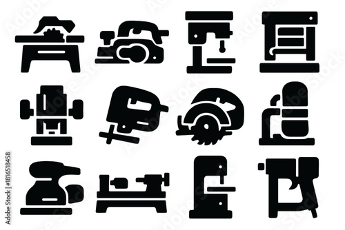 Woodworking Tool Icons. Woodworking Power Tools silhouette icon set. table saw, belt sander, drill press, planer, router, jigsaw, circular saw, dust collector, orbital sander