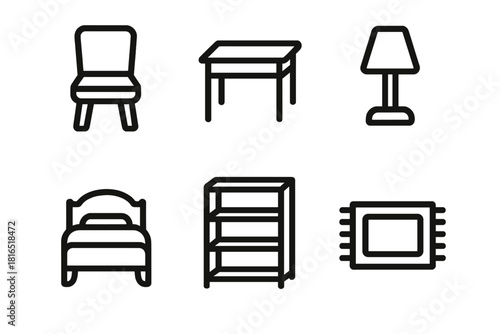 Miniature Furniture Icons. Miniature Furniture linear icon set. tiny chair, miniature table, small lamp, dollhouse bed, bookcase, rug