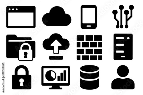 Brutalist Cloud Icon Set. Cloud Applications silhouette icon set. app window, cloud icon, mobile device, data stream, secure folder, upload symbol, firewall grid, server tower