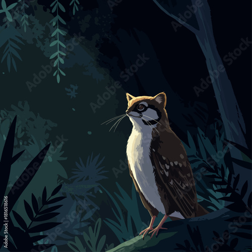 A small, brown and white bird with large eyes and prominent whiskers sits on a branch in a dark, lush forest.