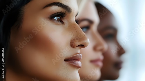 Profile view of diverse women with flawless skin and natural makeup in soft lighting, showcasing beauty in multicultural representation.