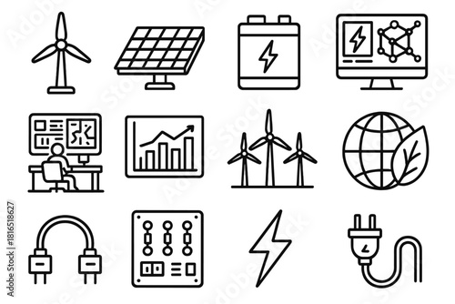 Future Energy Icons. Future energy grid linear icon set: turbine, solar cell, battery, smart grid screen, control room, data chart, wind farm, eco symbol, globe, cable, switchboard