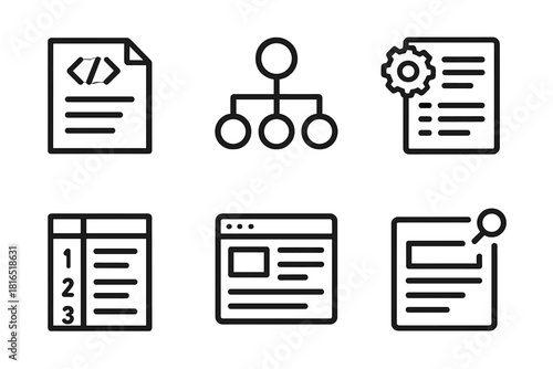 Technical Documentation Icons. Technical Documentation linear icon set: code sheet, diagram nodes, gear icon, step list, data table, reference tag, system page, annotation mark