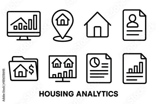 Real Estate Data Icons. Housing Analytics linear icon set: statistics screen, bar graph, location pin, property icon, agent document, mortgage file, comparison chart, report paper