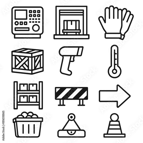 Industrial Icon Set. Operational Factory Setup linear icon set: machinery console, loading dock, work gloves, barcode scanner, supply crate, thermal gauge, maintenance wrench